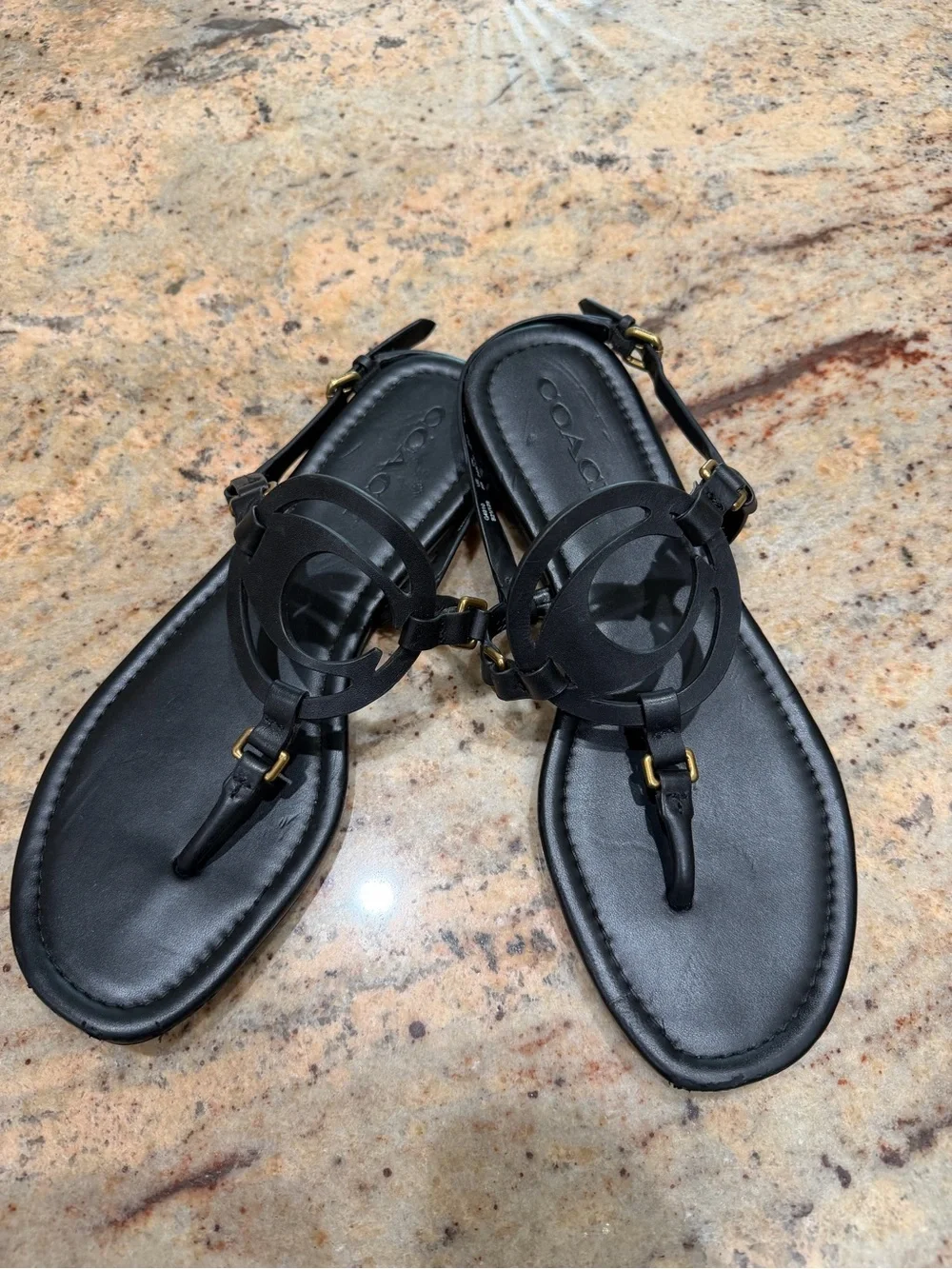 COACH Black Leather Logo Thong Sandals Size 8
